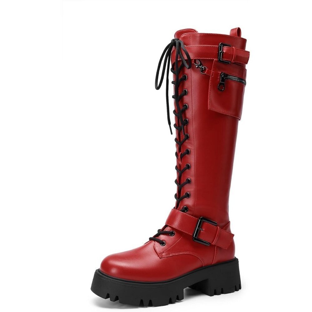 Women's Leather Red Combat Platform Knee High Lace Up Boots Motorcycle Boots